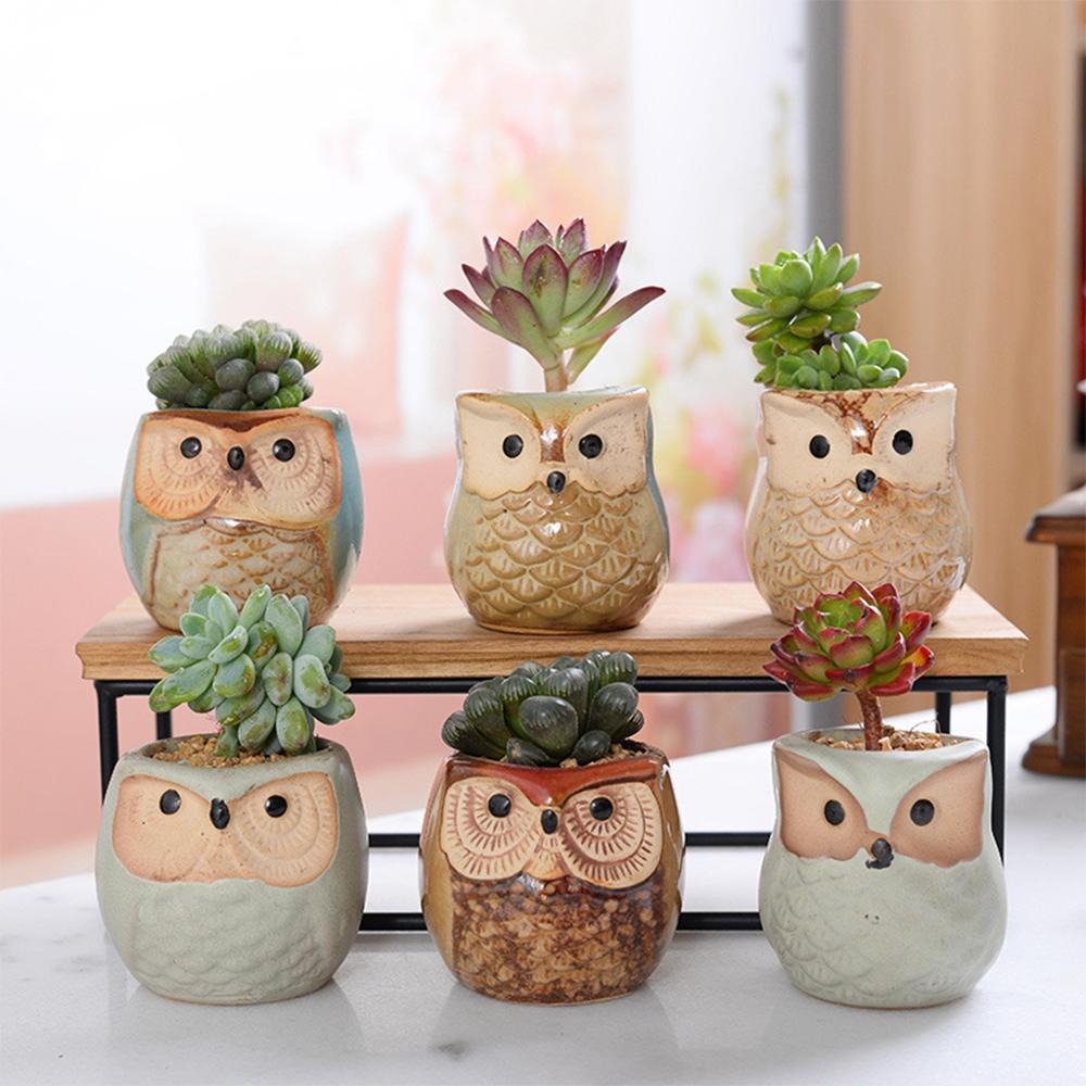 The Good Find Shop Owl Pottery Flowerpots in Six Pieces
