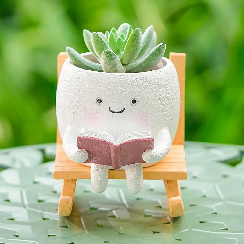 The Good Find Shop Cute Character Reading Resin Flower Pot Set – Rocking Chair Design (2 Pieces)