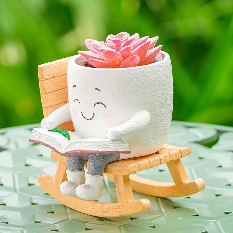 The Good Find Shop Cute Character Reading Resin Flower Pot Set – Rocking Chair Design (2 Pieces)