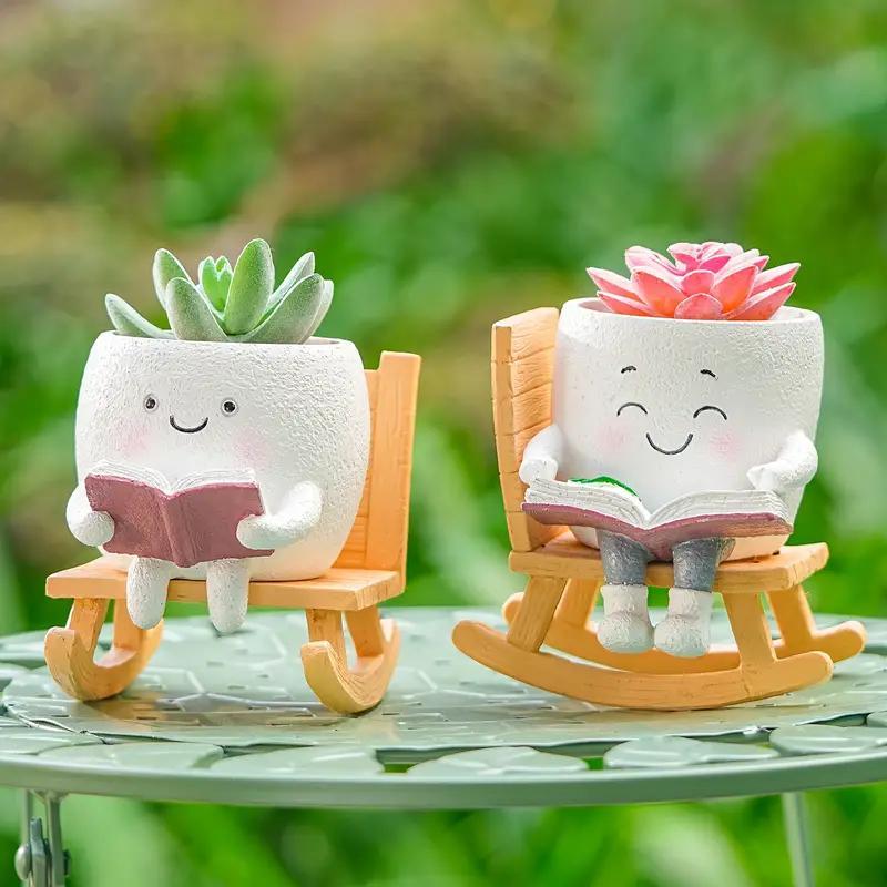 The Good Find Shop Cute Character Reading Resin Flower Pot Set – Rocking Chair Design (2 Pieces)